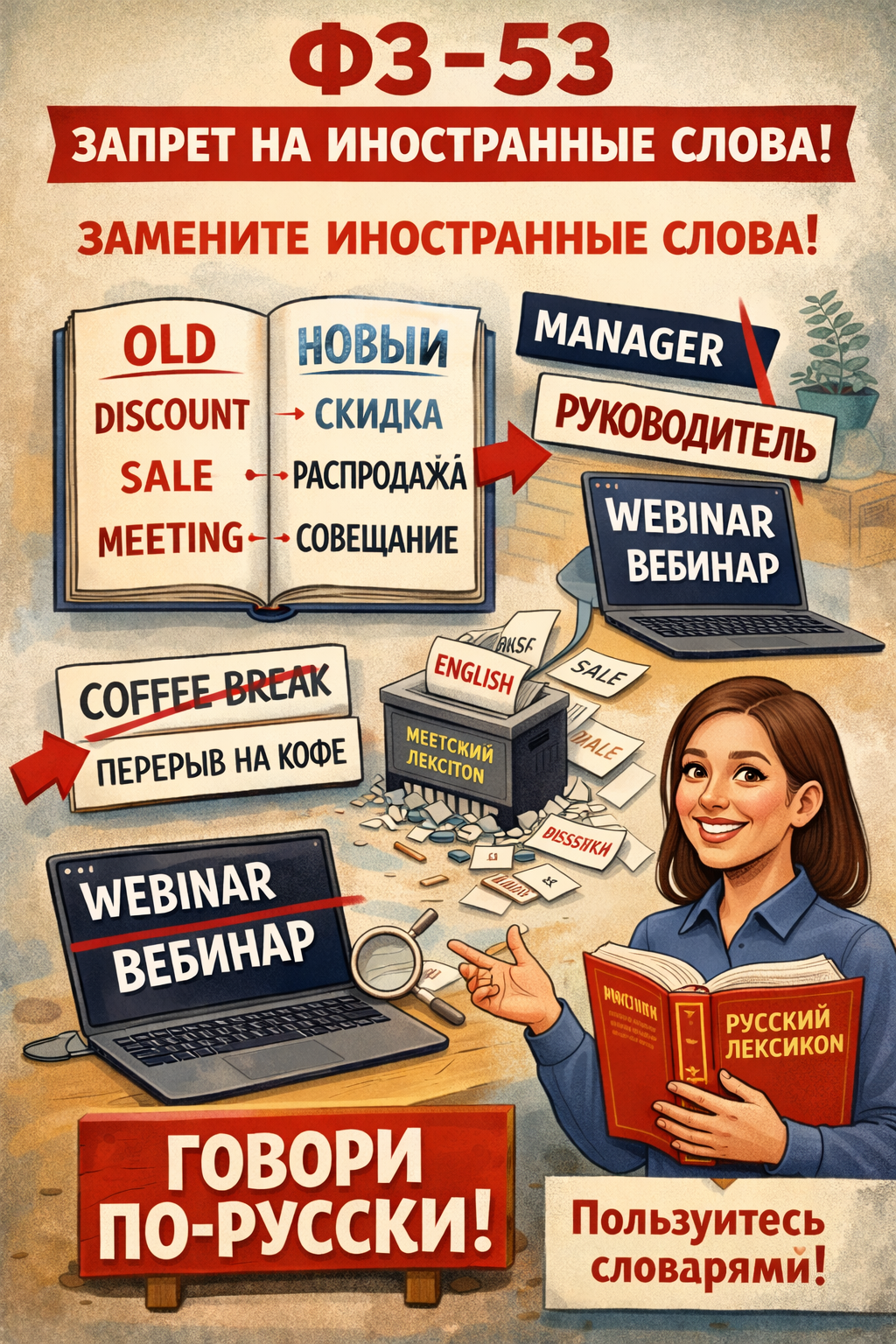 Плакат о замене иностранных слов на русские